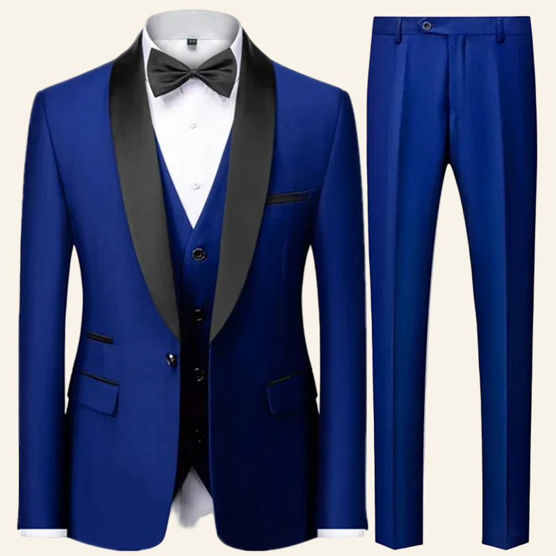 Blue tuxedo with black lapels and a bow tie 