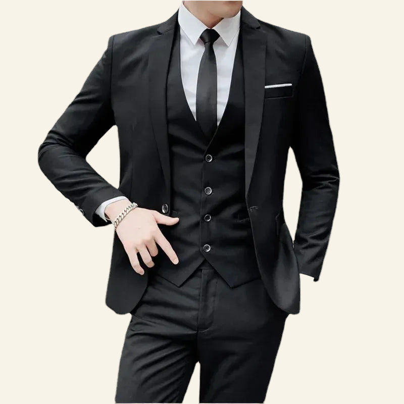 Black suit with white shirt and black tie  
