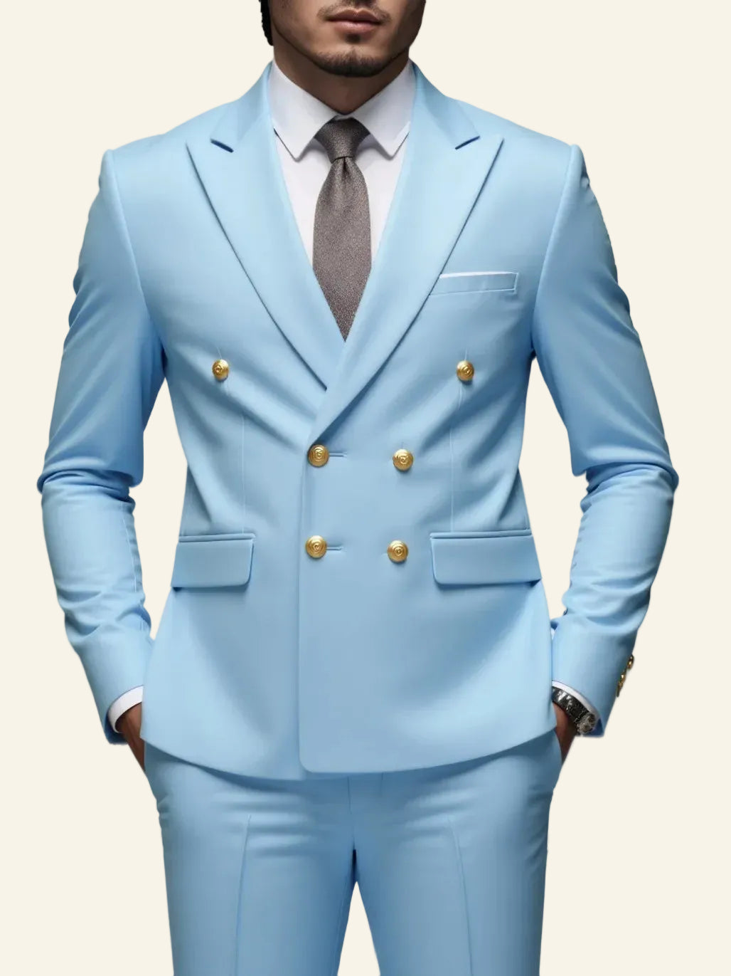 Light blue suit with gold buttons  