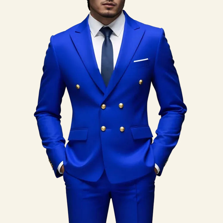 Blue suit with gold buttons  