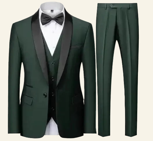 Green tuxedo with black lapels and bow tie  