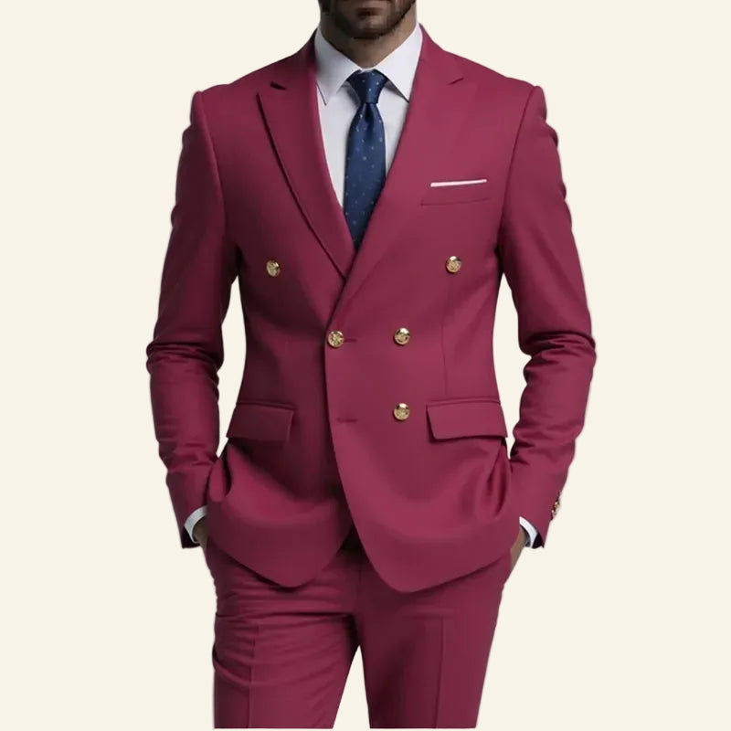 Magenta suit with gold buttons  