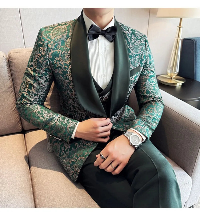 Spring 2025 Men's British Style Business Casual Three-Piece Suit Vest Trousers High-Density Jacquard Wedding Dress
