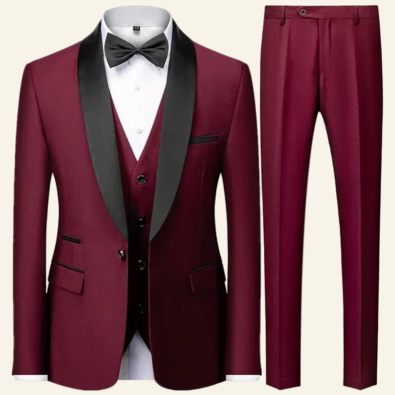 Burgundy tuxedo with black lapels and bow tie  