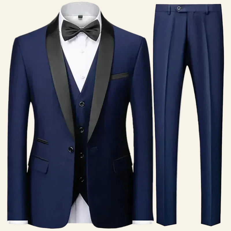 Navy blue tuxedo with black lapels and bow tie  
