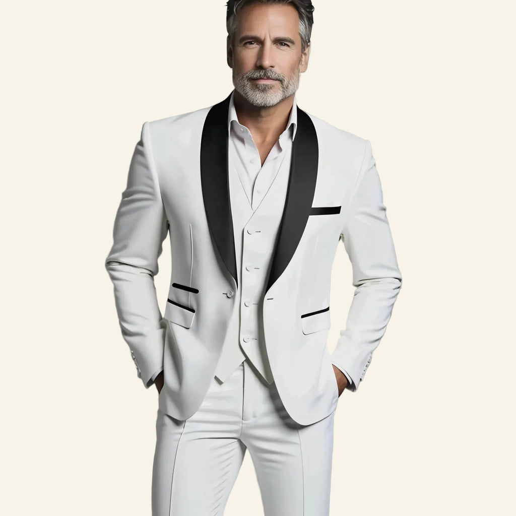 white suit with black lapels 