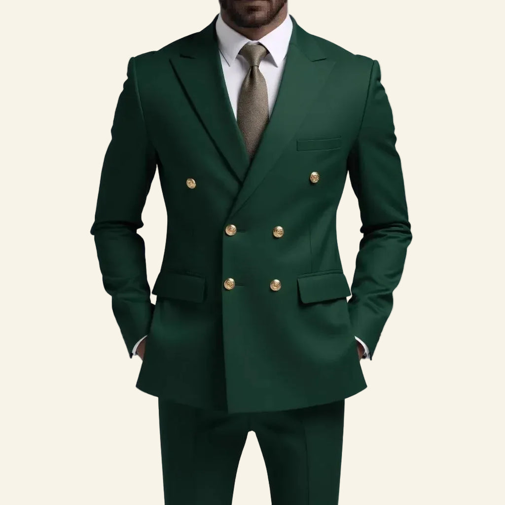 Green suit with gold buttons  