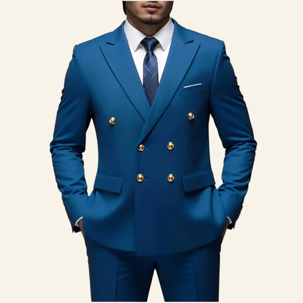 Blue suit with gold buttons  
