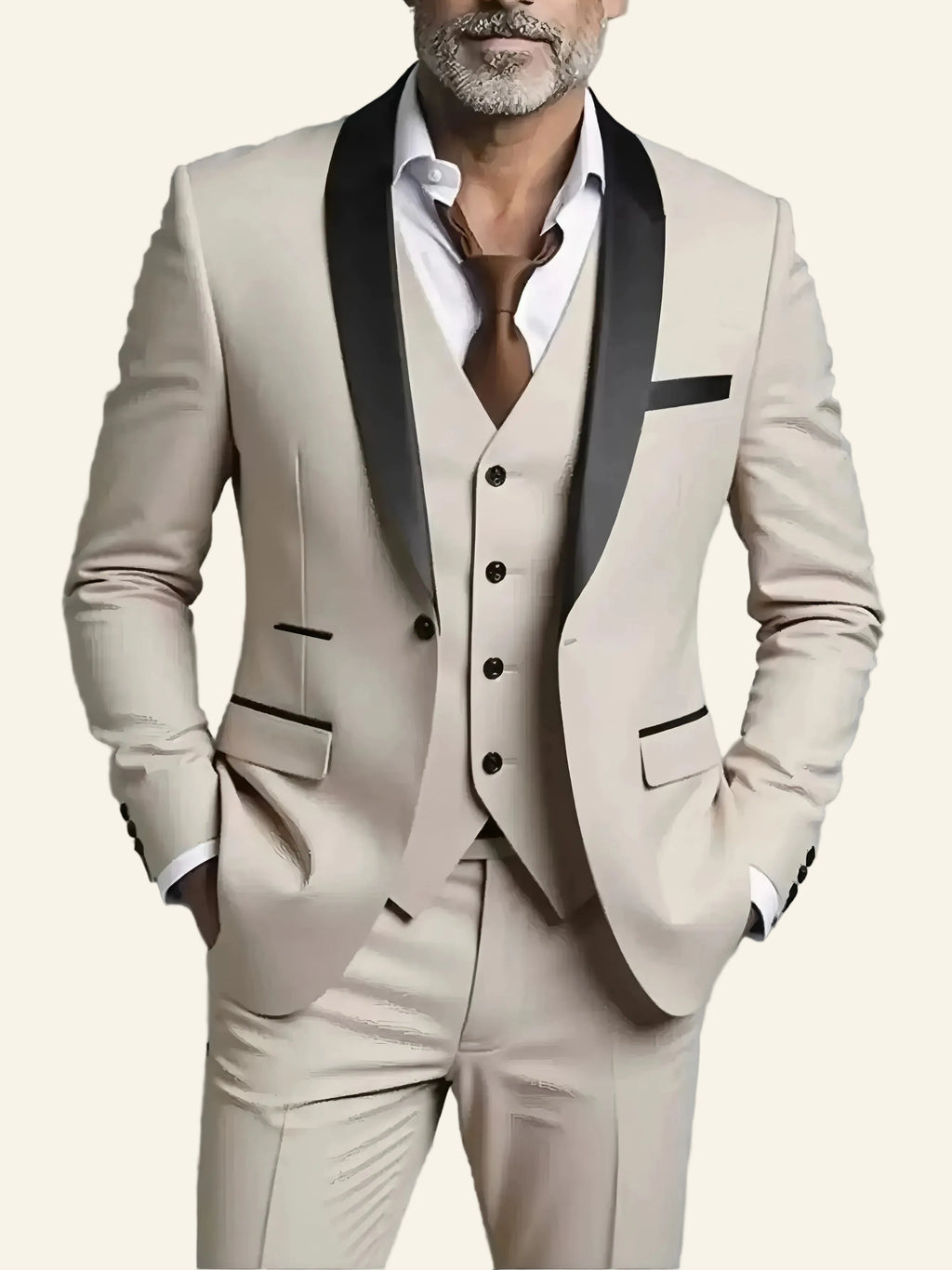 beige suit with black lapels