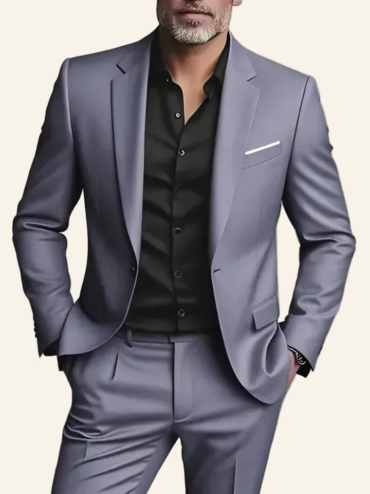light gray suit with a black shirt 