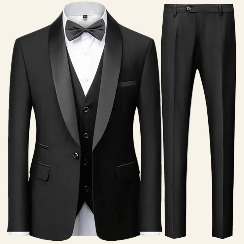 Black tuxedo with vest and bow tie