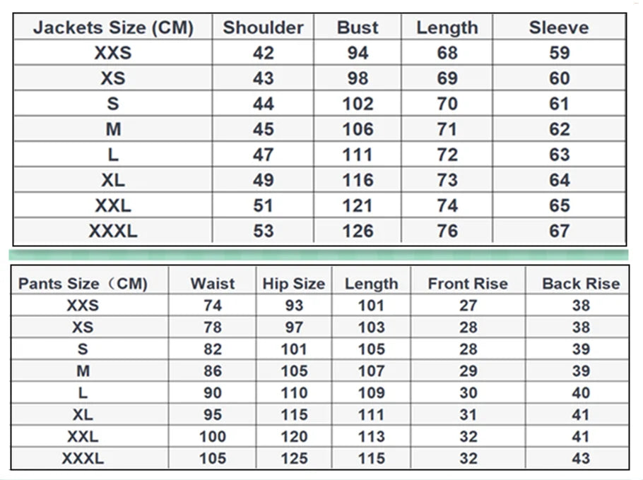 Measurement chart for jackets and pants with size categories and corresponding measurements.