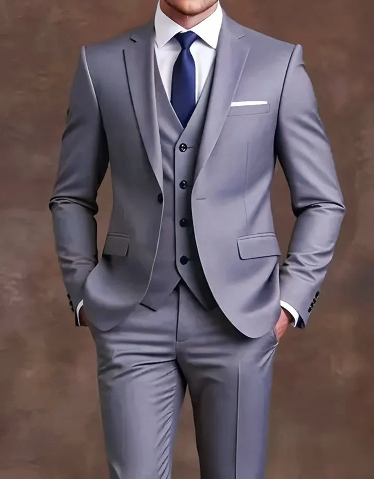 Gray suit with a blue tie 