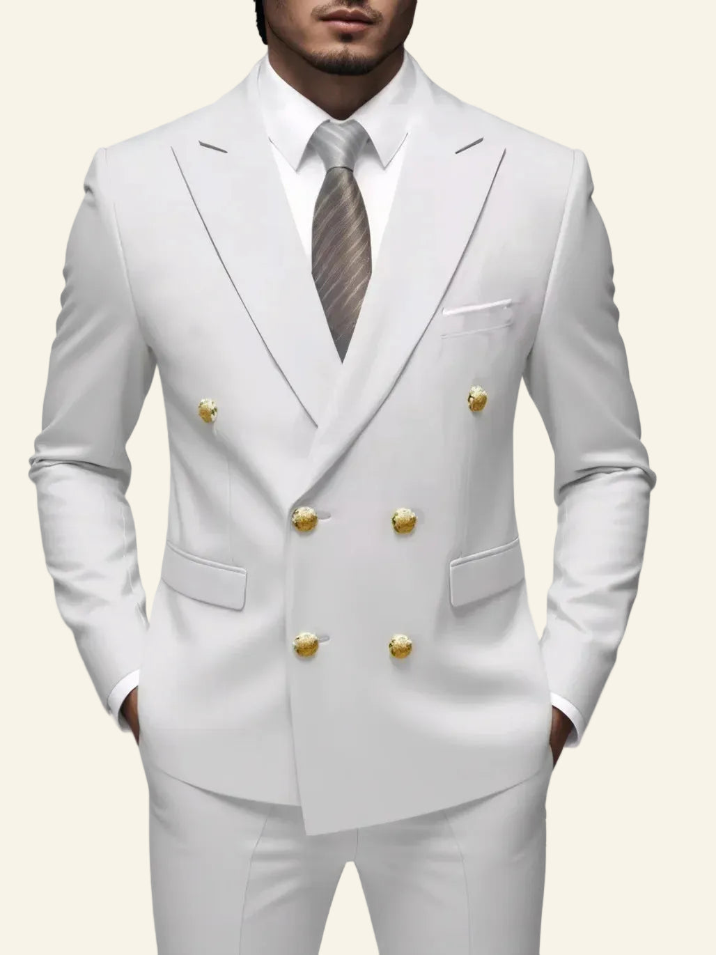 White suit with gold buttons  