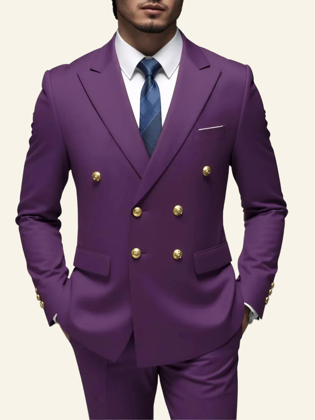 Purple suit with gold buttons 