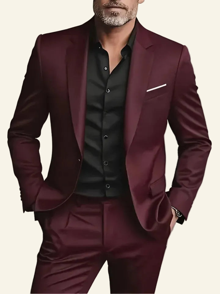 burgundy suit with a black shirt