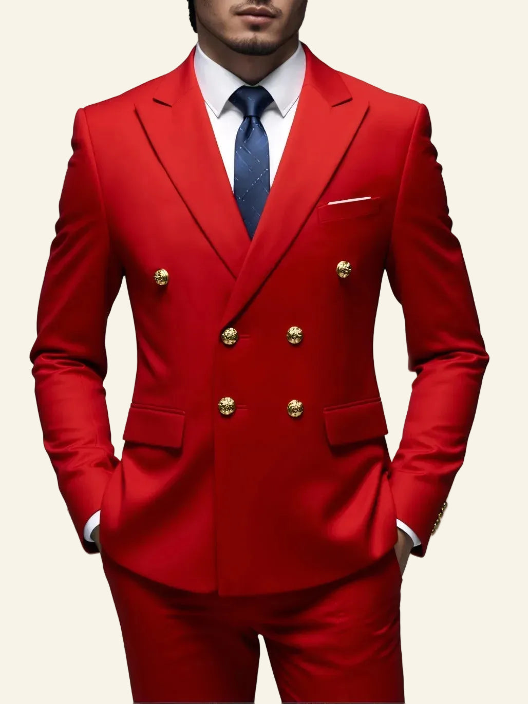 Red suit with gold buttons  