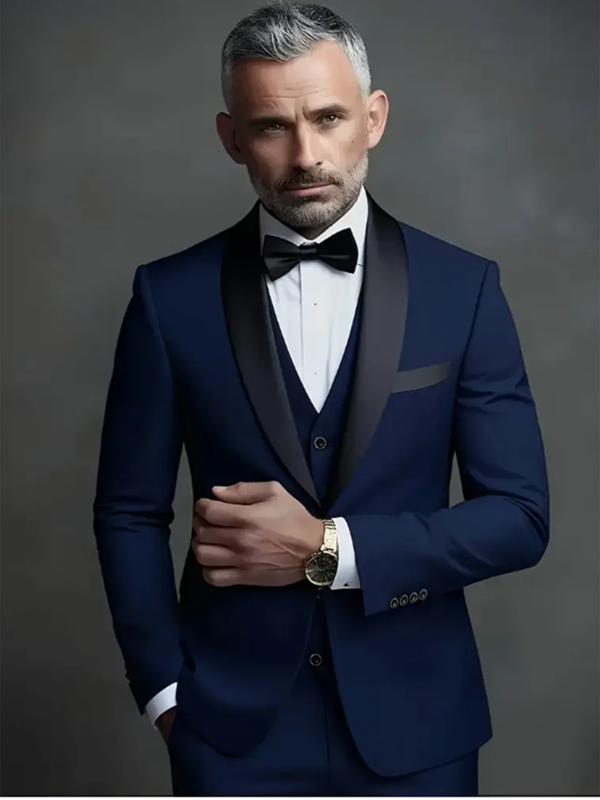 blue tuxedo with a bow tie  