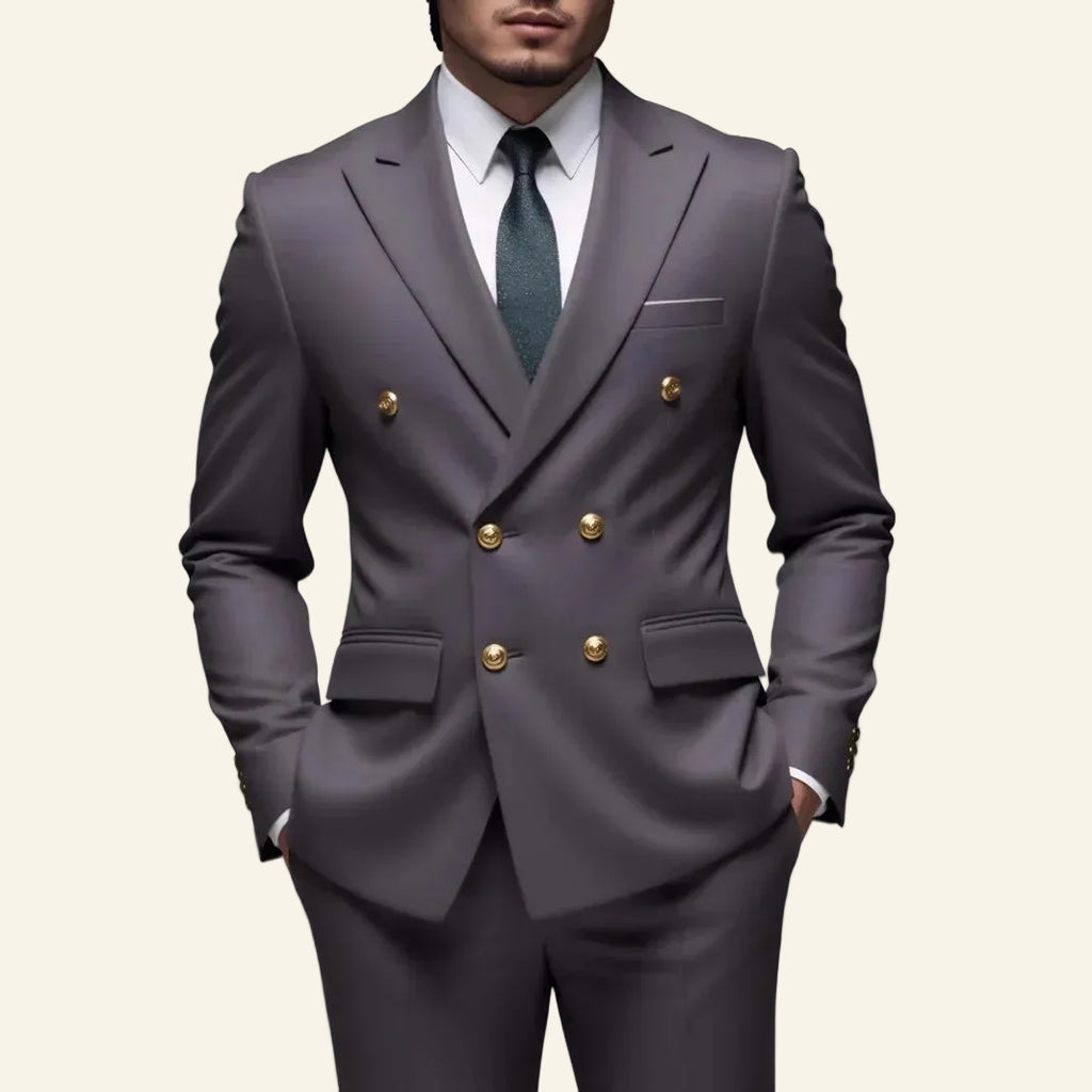 Gray suit with gold buttons  