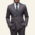 Gray suit with gold buttons  