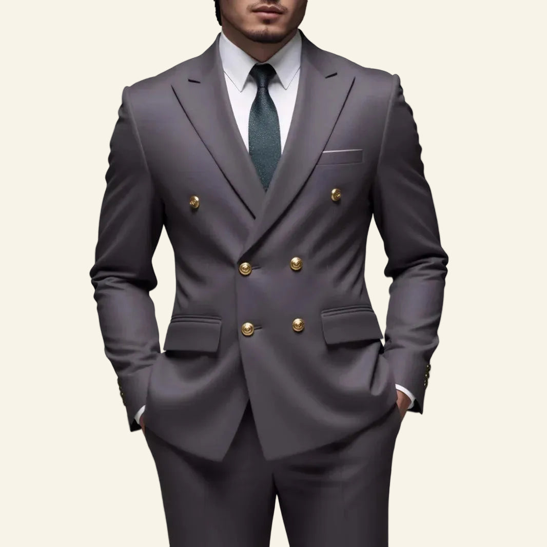 Gray suit with gold buttons  
