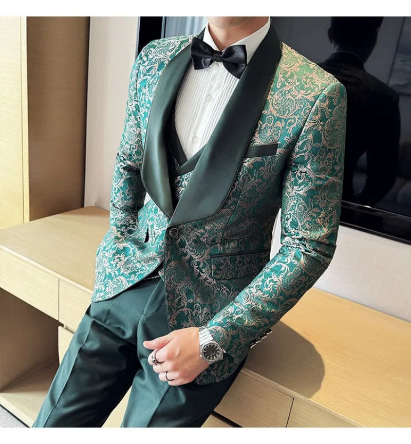 Spring 2025 Men's British Style Business Casual Three-Piece Suit Vest Trousers High-Density Jacquard Wedding Dress