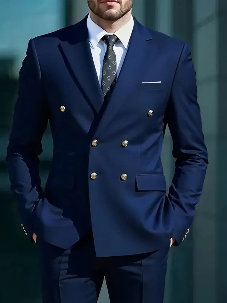 Fashion New Men's Leisure Boutique Business Banquet Solid Color Wedding Double Breasted Slim Fit Suit Blazers Jacket Pants