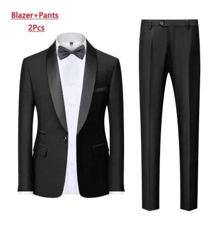 Black Men Autumn Wedding Party Three Pieces Set Large Size Male Blazer Coat Pants and Vest Fashion Slim Fit Suit